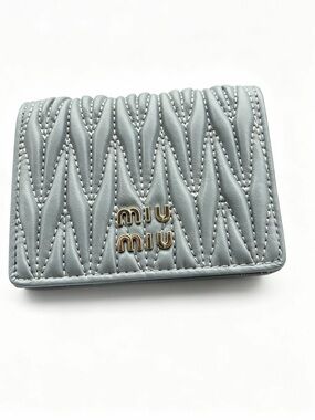 Miu Miu Quilted Leather Wallet in Pale Blue with Gold Logo